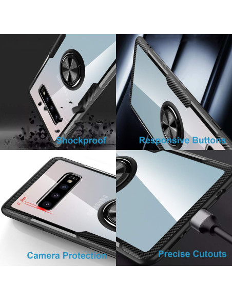 Samsung S10 skal med ringhållare, detaljvy av knappar och kamerautskärning, stöttåligt TPU-material