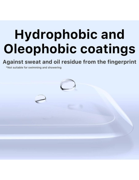Detalj av 3D-härdat glas med hydrophobisk och oleofobisk beläggning, visar skydd mot fingeravtryck