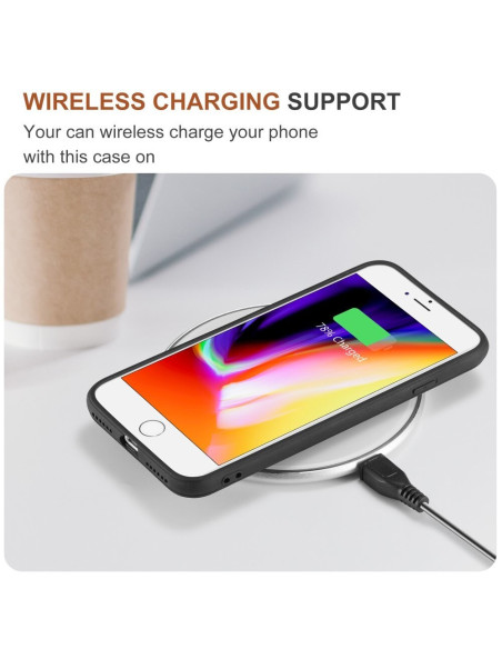 iPhone 7/8/SE skal med trådlös laddning, visad på laddningsplatta