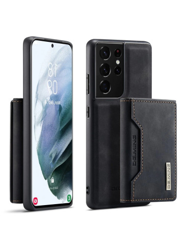 Samsung S21 Ultra skal i svart TPU och konstläder med magnetisk korthållare, sett från sidan