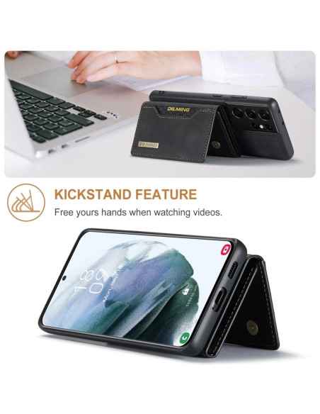 Samsung S21 Ultra skal med kickstand-funktion, visad i användning med telefonen uppställd