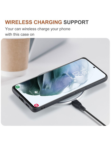 Samsung S21 Ultra skal i svart, visat med trådlös laddning på en laddningsplatta