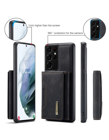 Samsung S21 Ultra skal med magnetisk korthållare, visat från sidan med detaljerad kamera- och skärmskydd