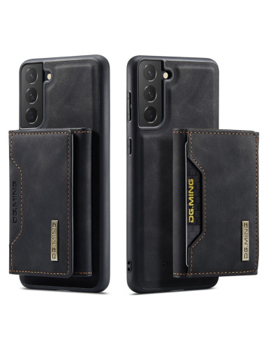 Samsung S22 skal i svart TPU och konstläder med magnetisk korthållare, visat från sidan