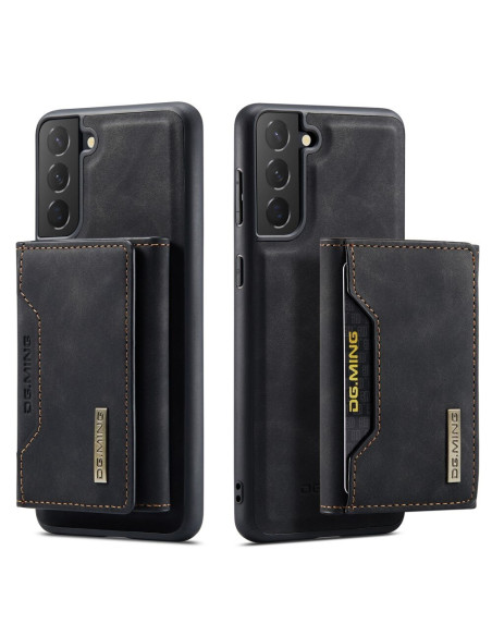 Samsung S22 skal i svart TPU och konstläder med magnetisk korthållare, visat från sidan