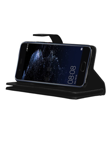 Svart plånboksfodral för Huawei P10 Lite med telefon monterad och stativfunktion