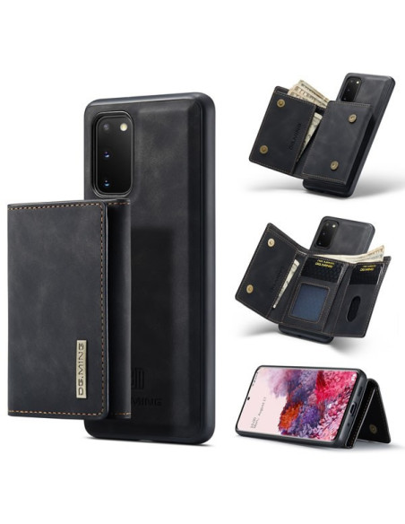 Svart stöttåligt skal för Samsung S20 FE med magnetisk korthållare, visat från sidan och bakifrån