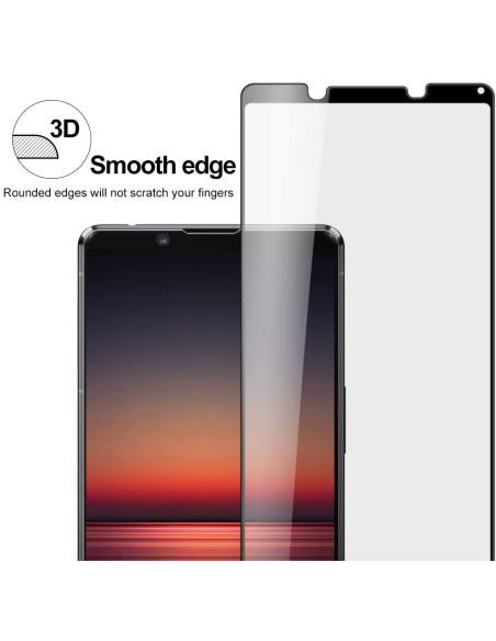 Xperia 1 II härdat glas med rundade kanter, visat ovanifrån med transparent yta