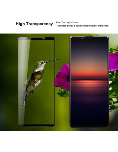 Xperia 1 II härdat glas med hög transparens, visat från sidan med fågelmotiv i bakgrunden