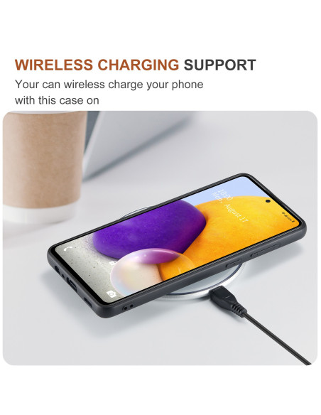 Samsung A72 4G/5G skal i svart, visat med trådlös laddning och telefonens skärm synlig
