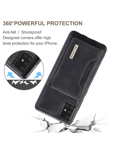 Samsung A51 4G skal i svart med magnetisk korthållare, visat framifrån med detaljerad design