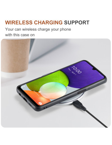Samsung A22 4G skal med trådlös laddning, visat på laddningsplatta med telefonens skärm synlig