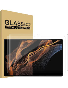 Härdat glas för Samsung Tab S8 Ultra i förpackning, tydlig vy av skärmskyddet