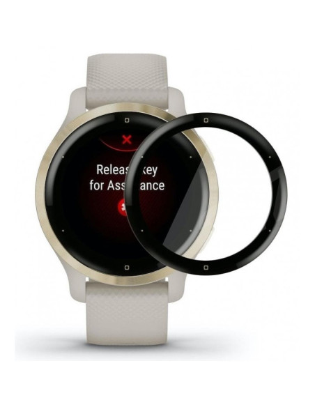 Närbild av Garmin Venu 2 med FullFrame 3D härdat glas monterat på skärmen