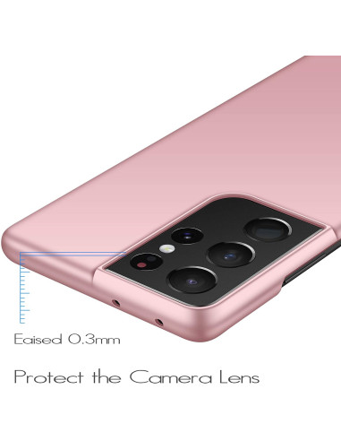 Detaljvy av rosenguld mobilskal för Samsung S21 Ultra, med fokus på kamerautskärning och kantdesign