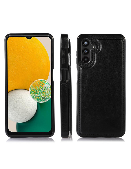 Svart stöttåligt skal med flip-design och tre kortfack för Samsung A13 5G och A04s, sett framifrån och från sidan