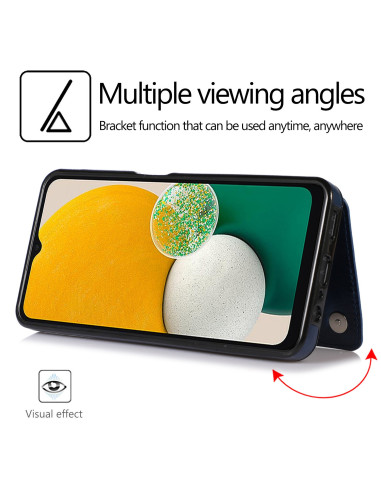 Samsung A13 5G / A04s flip-skal i svart, visat i liggande läge med skärmen synlig