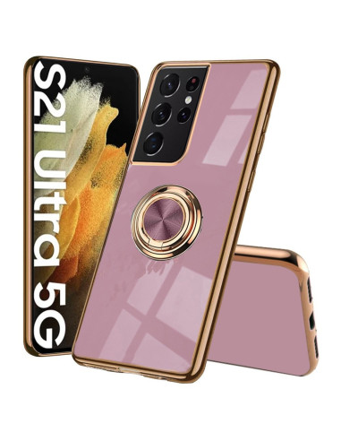 Samsung S21 Ultra skal i rosa med ringhållare, sedd från sidan med telefonens skärm synlig