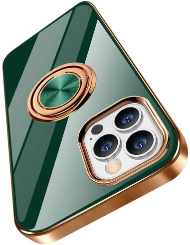 Närbild av iPhone 13 Pro skalet Flawless med ringhållare i grön och guld