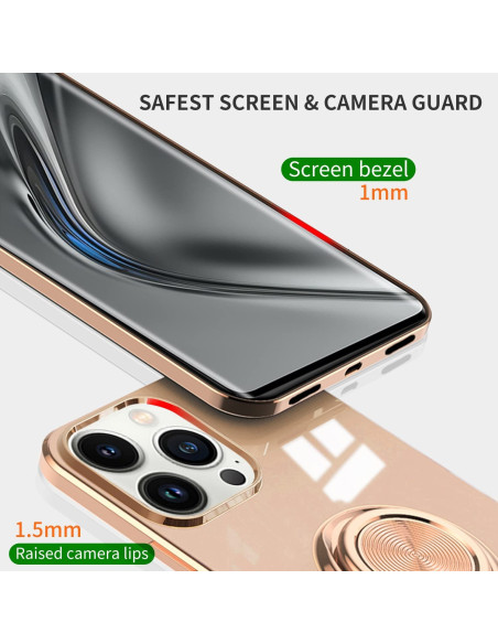 Detaljvy av iPhone 13 Pro skalet Flawless med ringhållare, visar skärmskydd och kameraområde