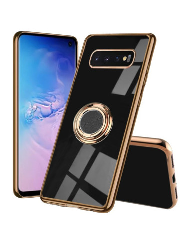 Samsung S10 Plus skal i svart med ringhållare, sett från sidan med reflektioner