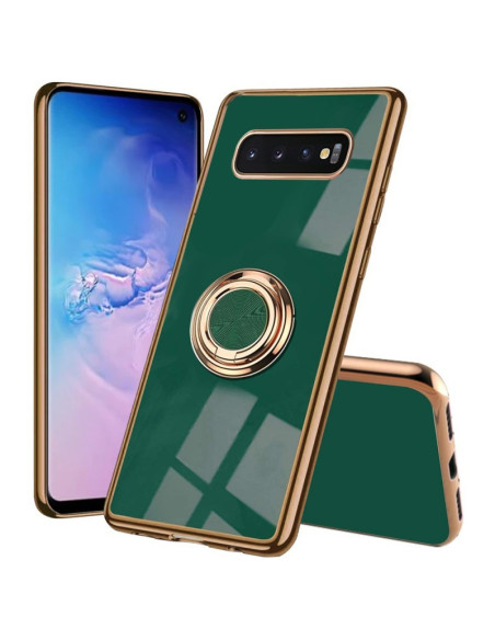 Samsung S10 Plus skal med ringhållare i grön och guld, sett snett bakifrån