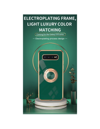 Samsung S10 Plus skal med ringhållare i grön och guld, sett framifrån med elegant bakgrund