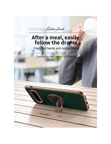Samsung S10 Plus skal med ringhållare, monterat på ett bord i användning med en kopp i bakgrunden