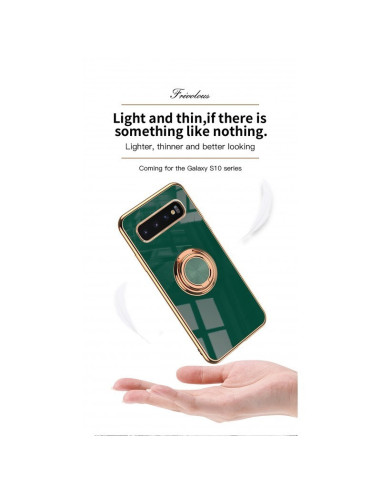 Samsung S10 Plus skal med ringhållare i grön och guld, sett snett framifrån med reflektioner