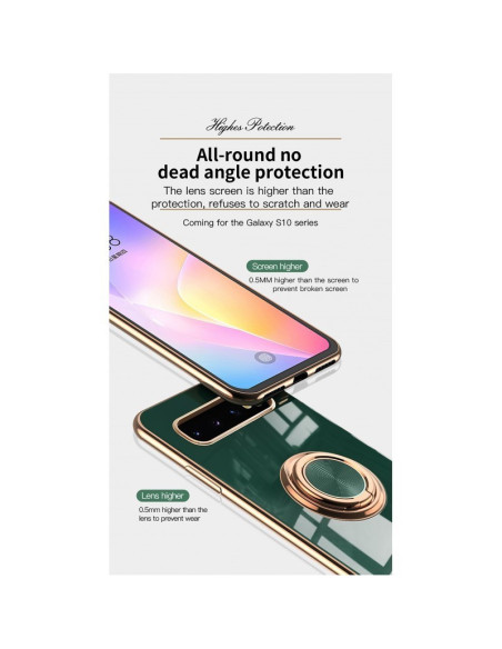 Detaljvy av Samsung S10 Plus skal med ringhållare, fokus på linsens höjd och skyddande funktioner