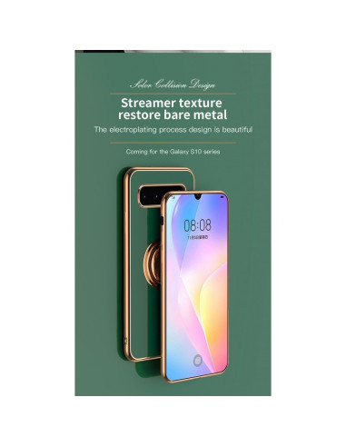 Samsung S10 Plus skal med ringhållare i guld, sett från sidan med fokus på ringens design