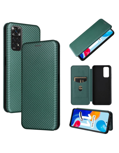 Grönt flipfodral för Xiaomi Redmi Note 11 / 11S med kortfack och kolfiberdesign, öppet visat