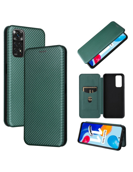 Grönt flipfodral för Xiaomi Redmi Note 11 / 11S med kortfack och kolfiberdesign, öppet visat