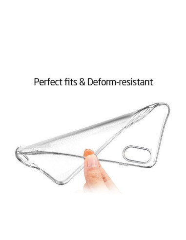 Närbild av genomskinligt TPU-skal för iPhone X, hålls med en hand för att visa flexibilitet