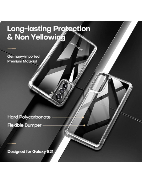 Stöttåligt skal 3in1 för Samsung S21 Plus, visat från sidan med fokus på det genomskinliga materialet