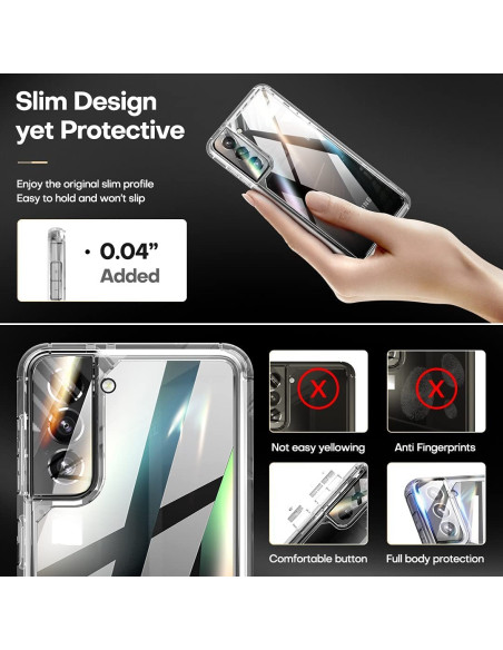 Närbild av stöttåligt skal 3in1 för Samsung S21 Plus med fokus på det slimmade designen och skyddande funktioner