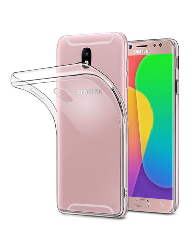Transparent TPU-skal för Samsung J3 2017, visat framifrån med telefonen delvis synlig