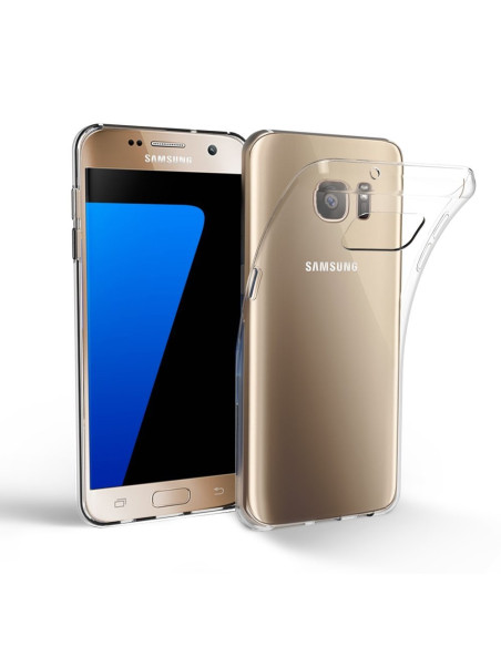 Transparent TPU-skal för Samsung S7, visat från sidan med telefonens framsida och baksida