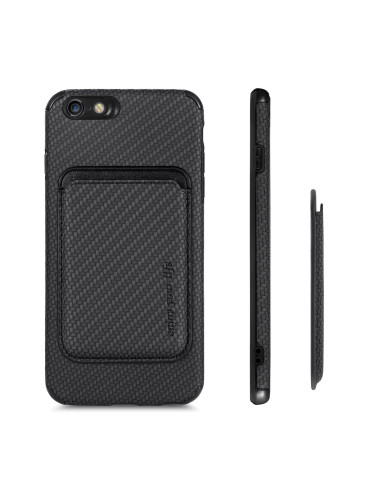 iPhone 6S Plus skal med magnetisk korthållare, sett från sidan med korthållaren på plats