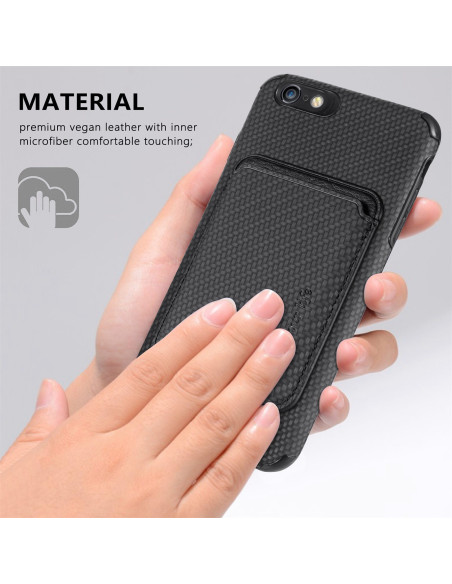 Närbild av iPhone 6S Plus skal med korthållare, visar karbondesign och materialtextur