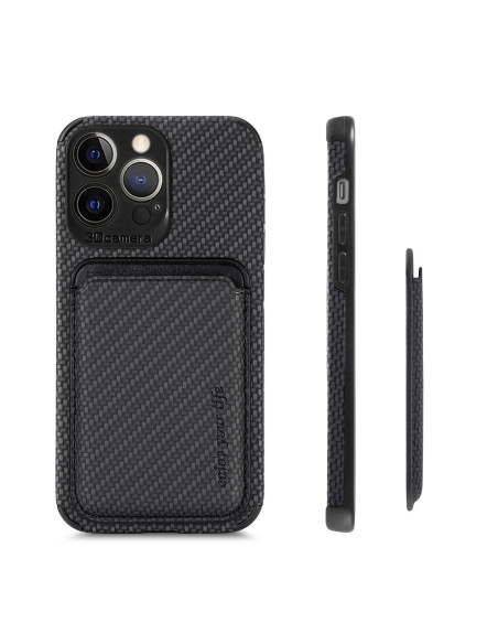 iPhone 13 Pro Max skal med magnetisk korthållare, visat från sidan med textur och kortfack