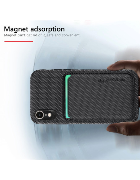 iPhone XR skal med magnetisk korthållare, hålls i handen med kort i facket