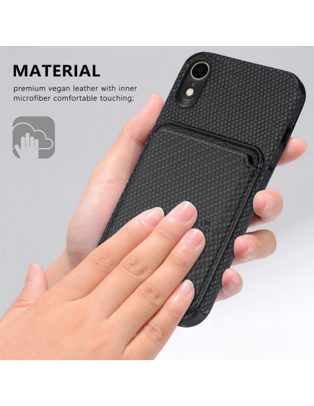 iPhone XR skal med magnetisk korthållare, visat från sidan med fokus på material och textur