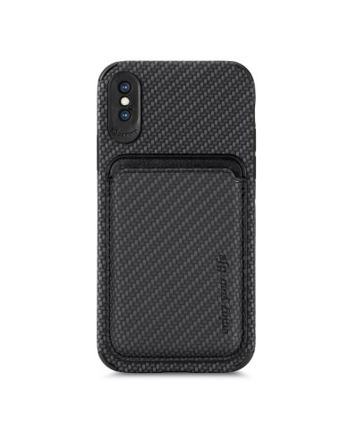 Svart stöttåligt skal för iPhone X/XS med magnetisk korthållare, sett bakifrån