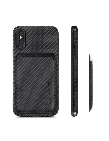 iPhone XS Max-skal med magnetisk korthållare, visat från sidan och bakifrån