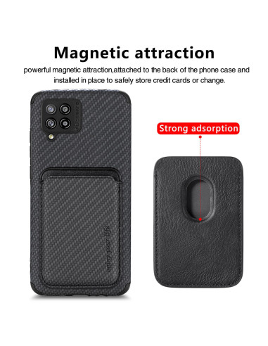 Samsung A12 5G skal med magnetisk korthållare, detaljvy av baksidan och korthållaren