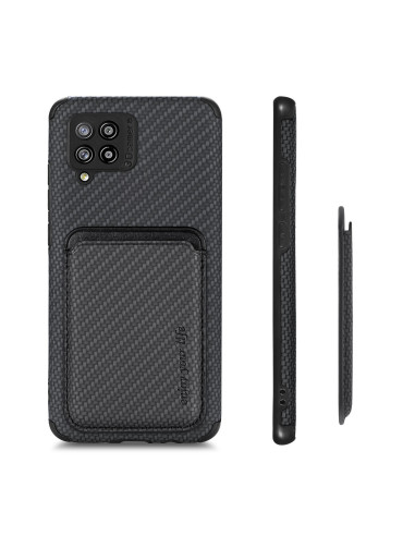 Samsung A12 5G skal med magnetisk korthållare, sett från sidan med fokus på korthållarens design
