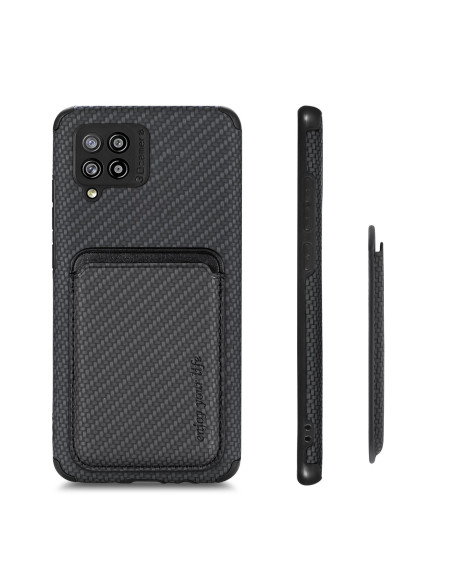 Samsung A12 5G skal med magnetisk korthållare, sett från sidan med fokus på korthållarens design