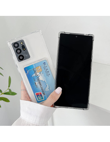 Samsung Note 20 Ultra i stöttåligt skal med kortfack, hålls i handen med kort synligt