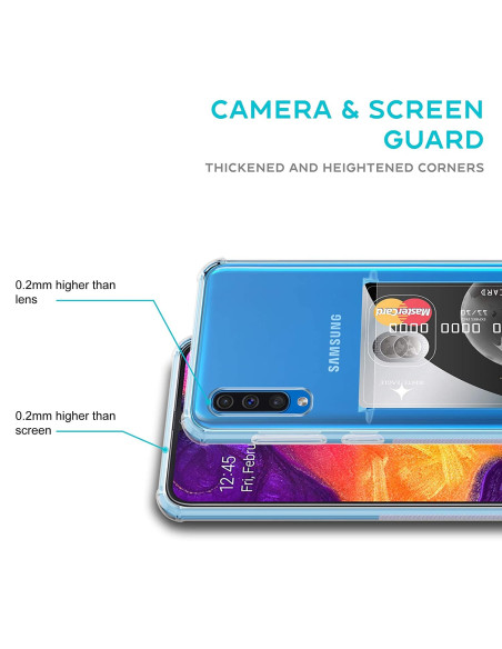 Närbild av stöttåligt skal för Samsung A50 med kortfack och förstärkta hörn, visat ovanifrån